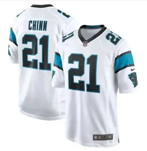 White NFL Jeremy Chinn Carolina Panthers jersey with black and teal accents and number 21