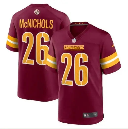 Maroon and gold Washington Commanders Jeremy McNichols football jersey with number 26