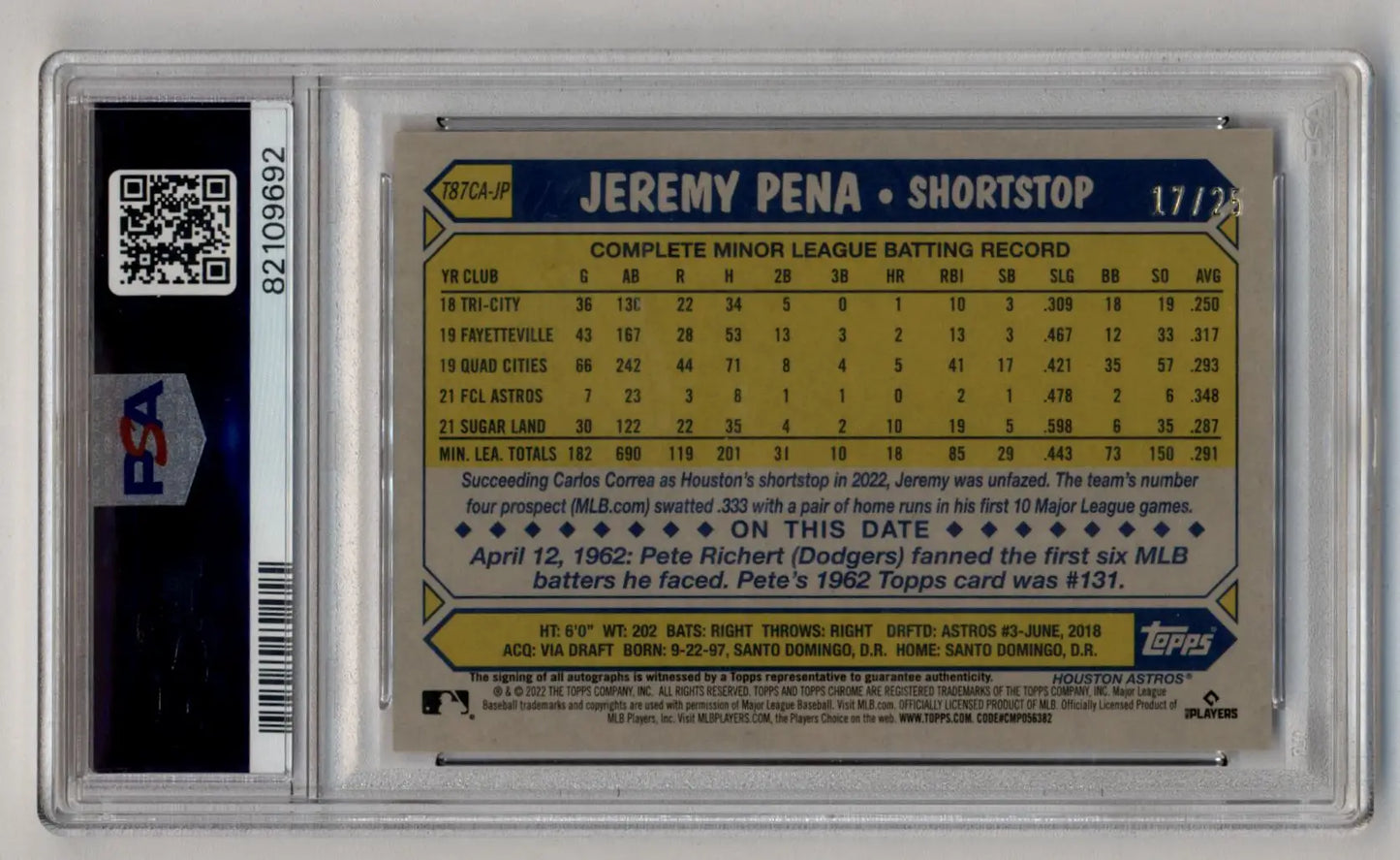 Back side of a Jeremy Pena Topps Silver Pack Update Auto showcasing player stats and info