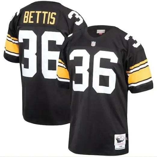 Black Pittsburgh Steelers Jerome Bettis 36 throwback jersey with gold and white striped sleeves