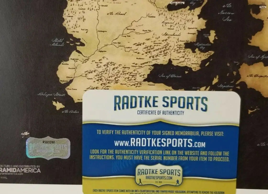 Radtke Sports certificate of authenticity for Jerome Flynn Bronn signed Westeros Map 11x17