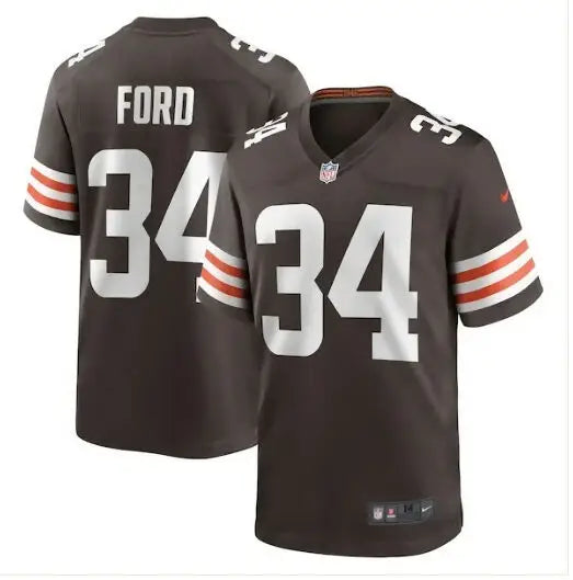 Brown NFL Jerome Ford Cleveland Browns Nike Game Player Jersey with number 34 and FORD