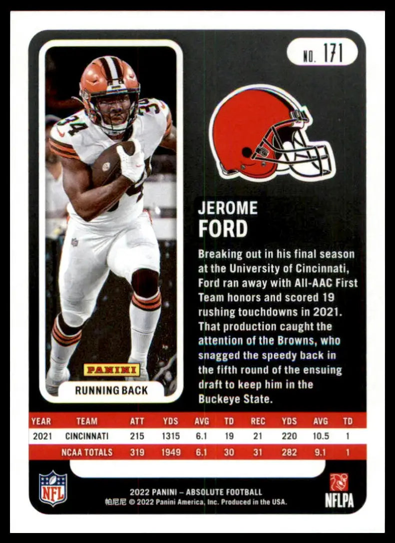 Football trading card of Jerome Ford from Panini Absolute 2022 Rookie series