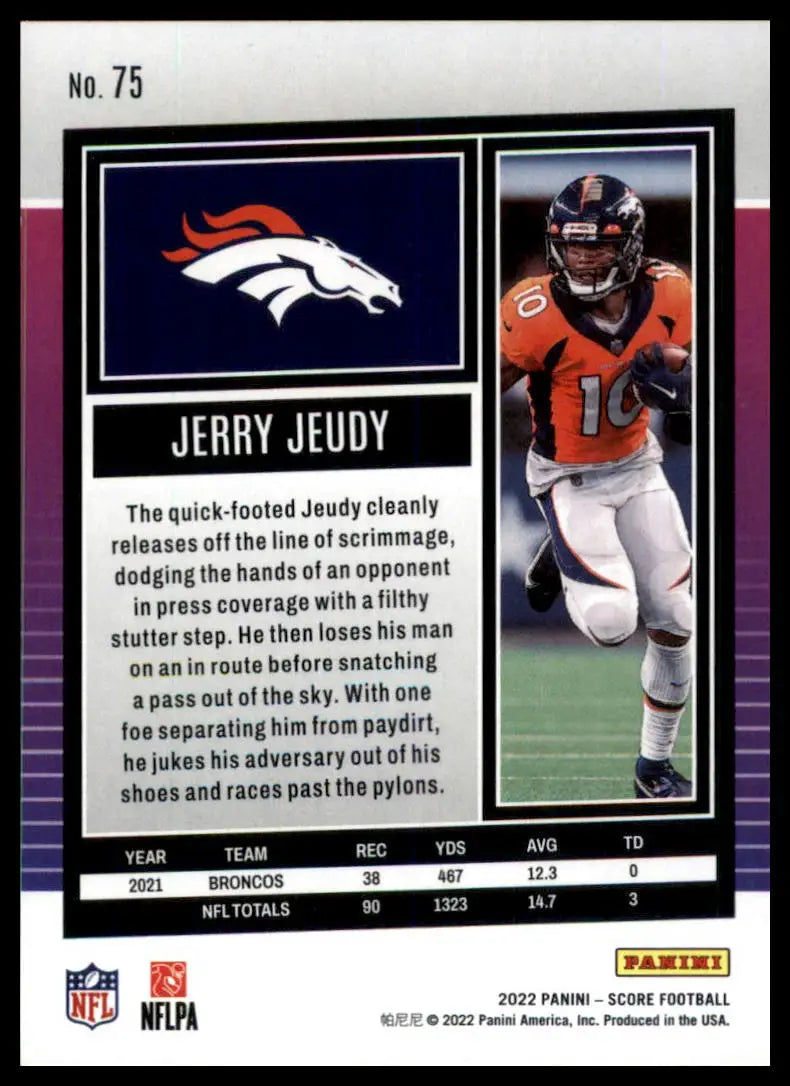 Jerry Jeudy football card from 2022 Score series featuring Denver Broncos player