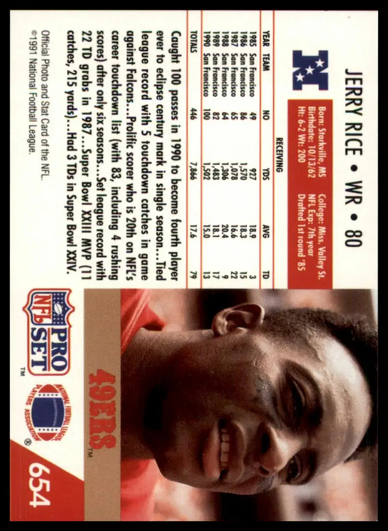 Jerry Rice football card from 1991 Pro Set collection featuring San Francisco 49ers