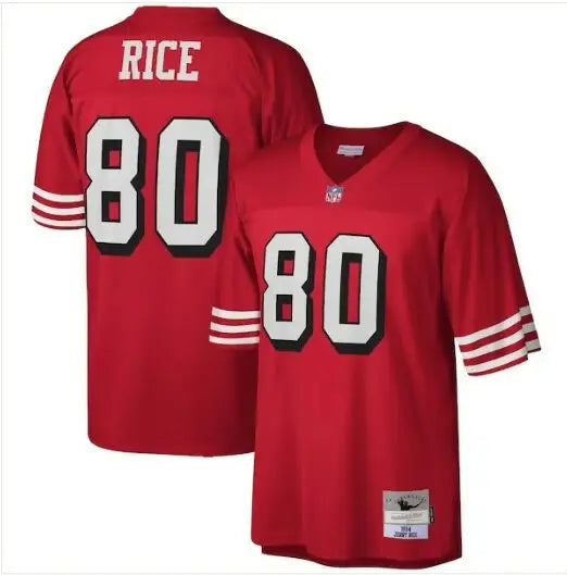 Red San Francisco 49ers Jerry Rice legacy replica jersey with 80 and RICE on front and back