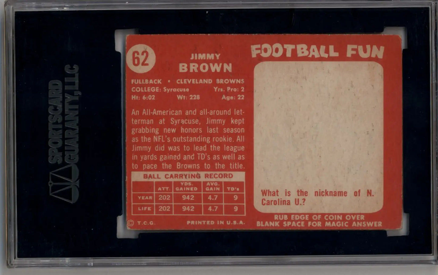 Jim Brown 1958 Topps #62 Rookie SGC 5 Excellent - Singles