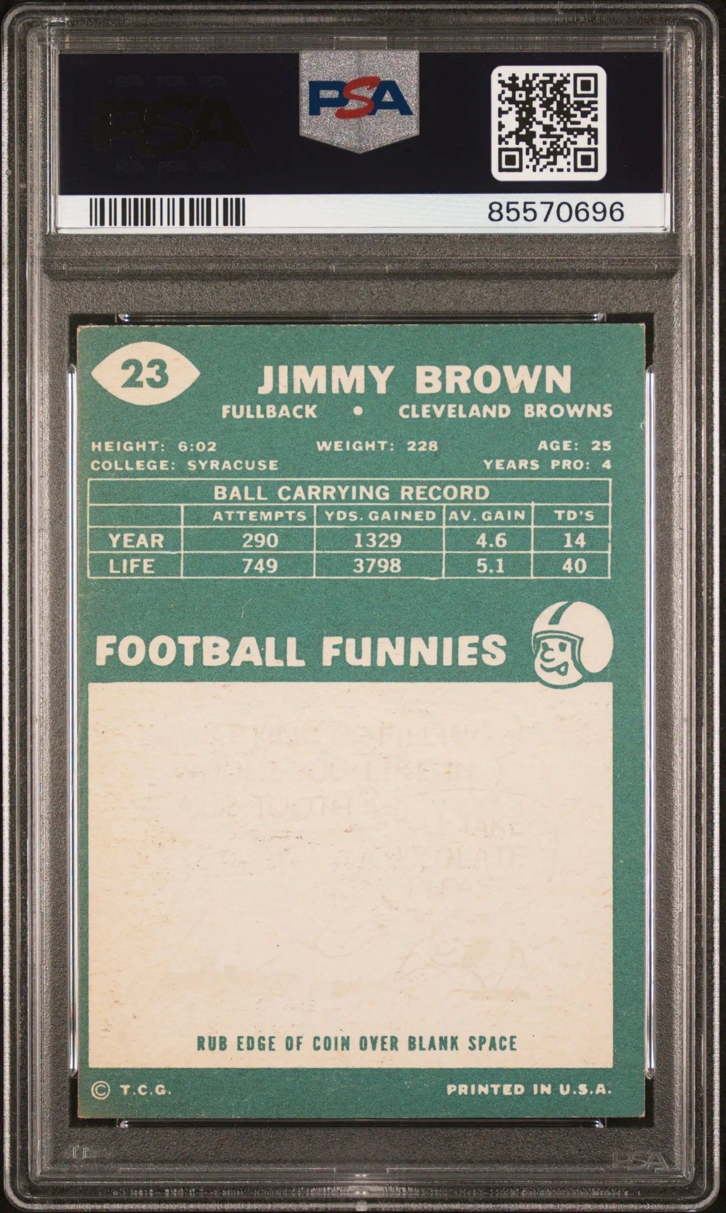 PSA-graded Jim Brown 1960 Topps #23 trading card featuring Cleveland Browns legend