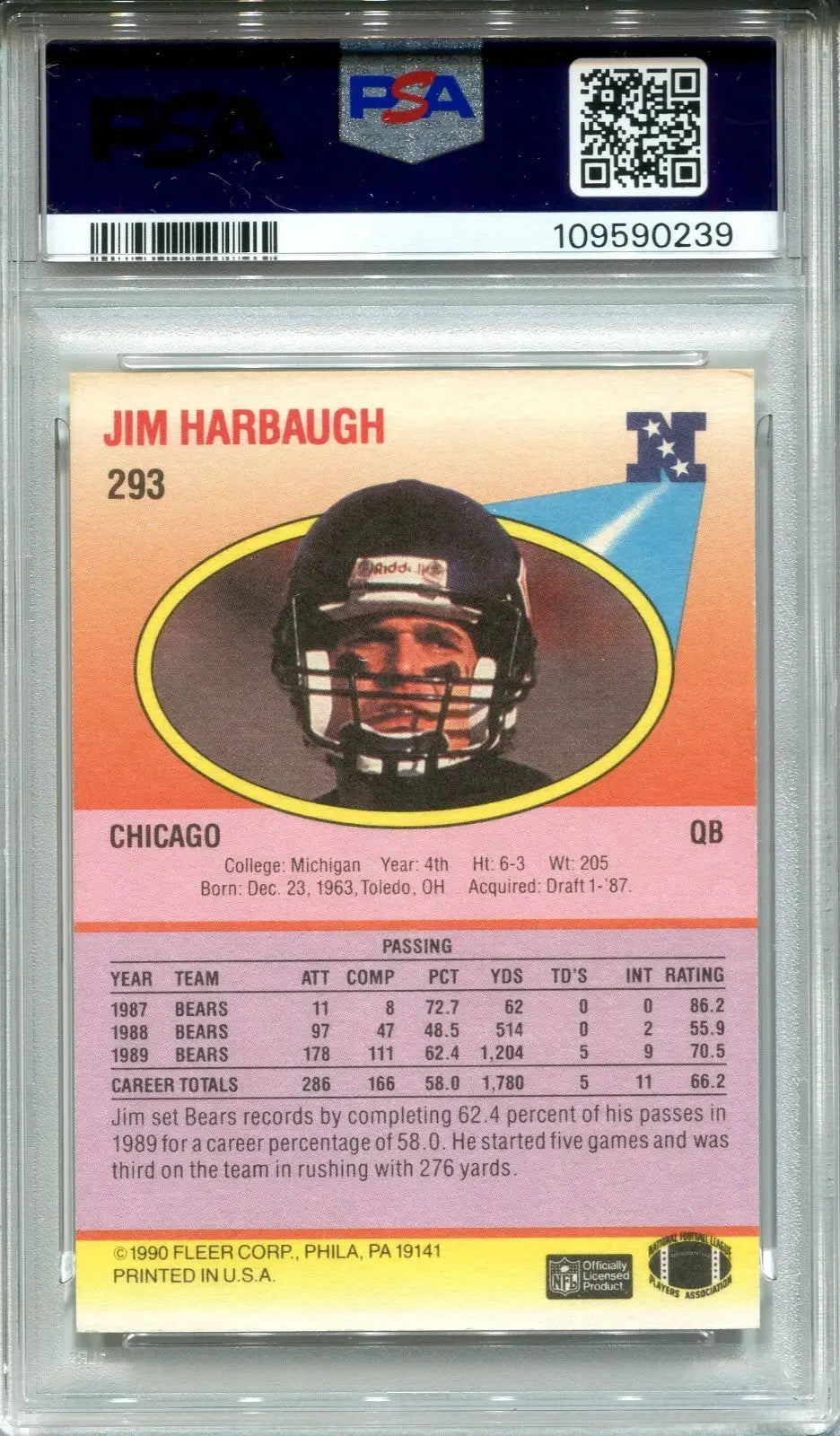Encased Jim Harbaugh 1990 Fleer rookie card signed auto PSA 7 Michigan