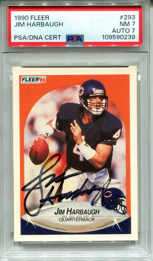 Jim Harbaugh rookie card signed football with PSA/DNA certification NM 7 auto 7