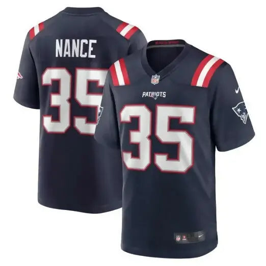 Dark blue Jim Nance New England Patriots Nike retired jersey with red and white accents