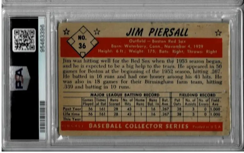 Graded Jim Piersall 1953 Bowman signed black and white baseball card with PSA 1 DNA 9 auto