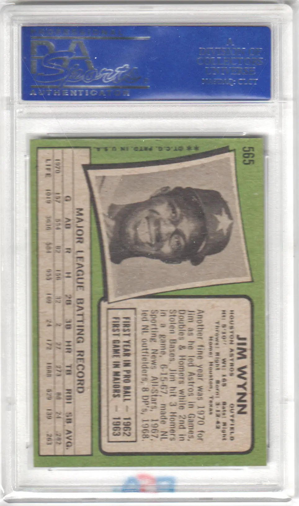 Graded Jim Wynn baseball card from Topps Jim Wynn 1971 Topps #565 PSA 8 NM-MT featuring Columbia Hobby