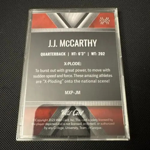 J.J. McCarthy Wild Card X-plode 18/50 football trading card collectible item