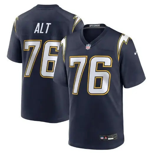 Navy blue Joe Alt Los Angeles Chargers Nike Alternate Charger Power Game Player Jersey with white and gold trim