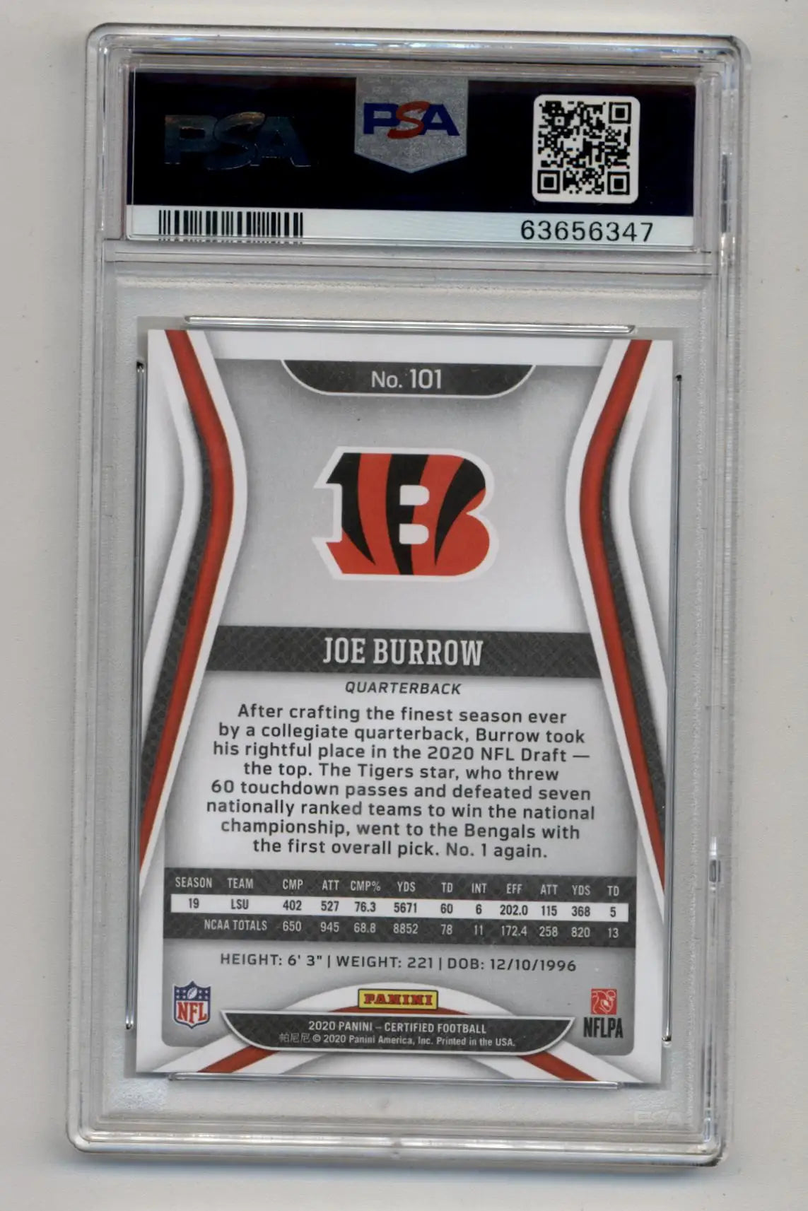 PSA-graded Joe Burrow 2020 Certified trading card in protective case