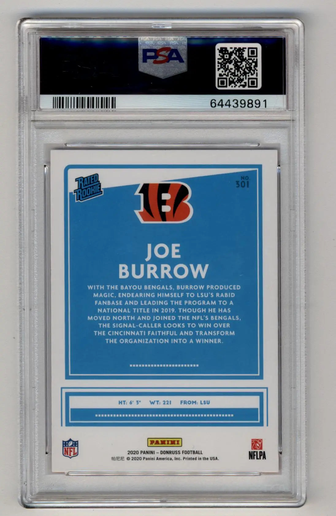 PSA-graded Joe Burrow 2020 Donruss Red Press Proof #301 in protective case