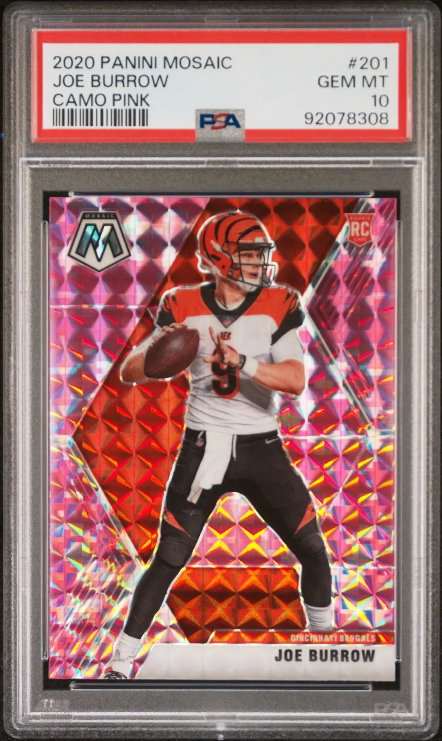 Joe Burrow 2020 Panini Mosaic Camo Pink PSA 10 Gem Mint rookie card in throwing position