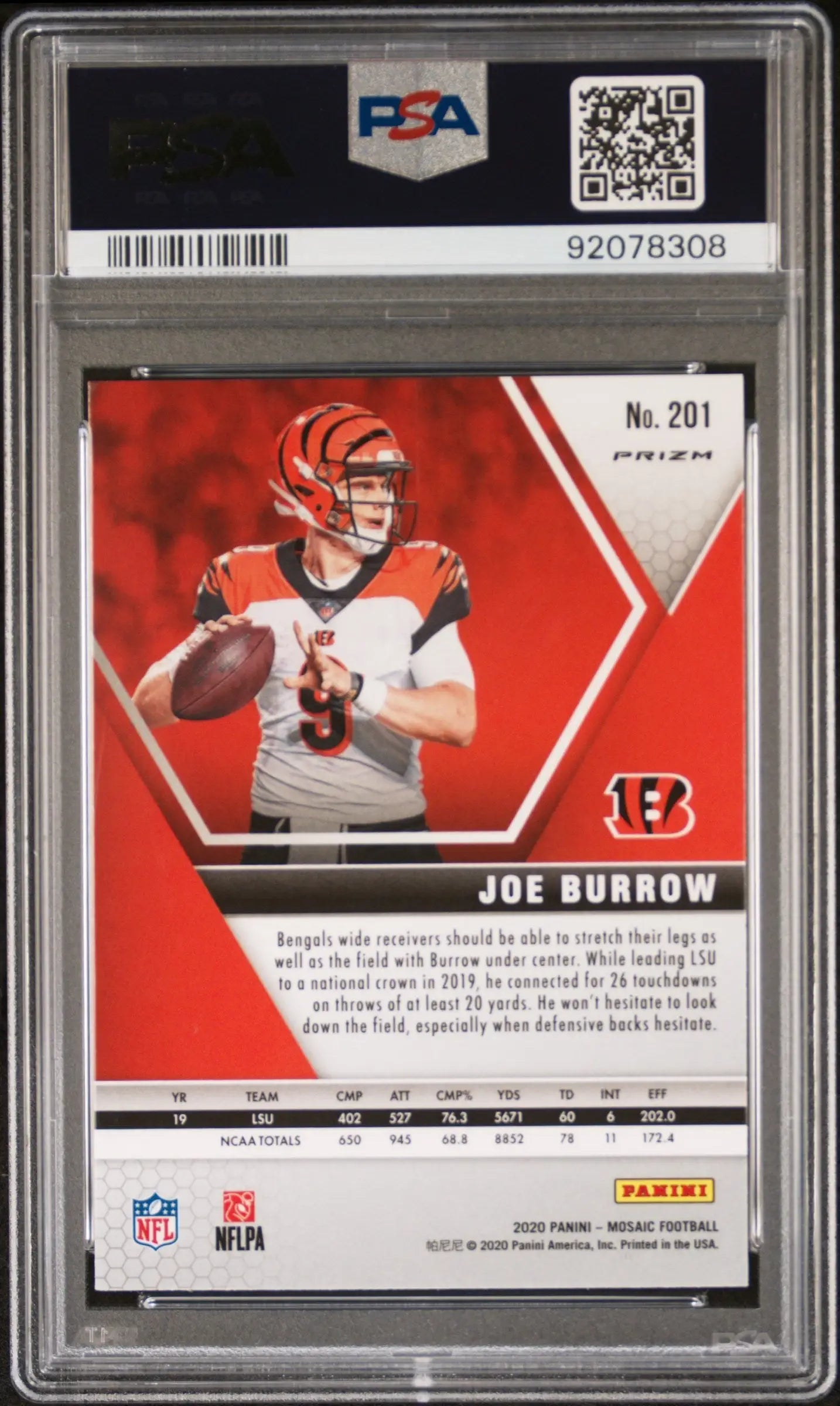 Professional Joe Burrow football trading card in Camo Pink PSA 10 from Panini Mosaic