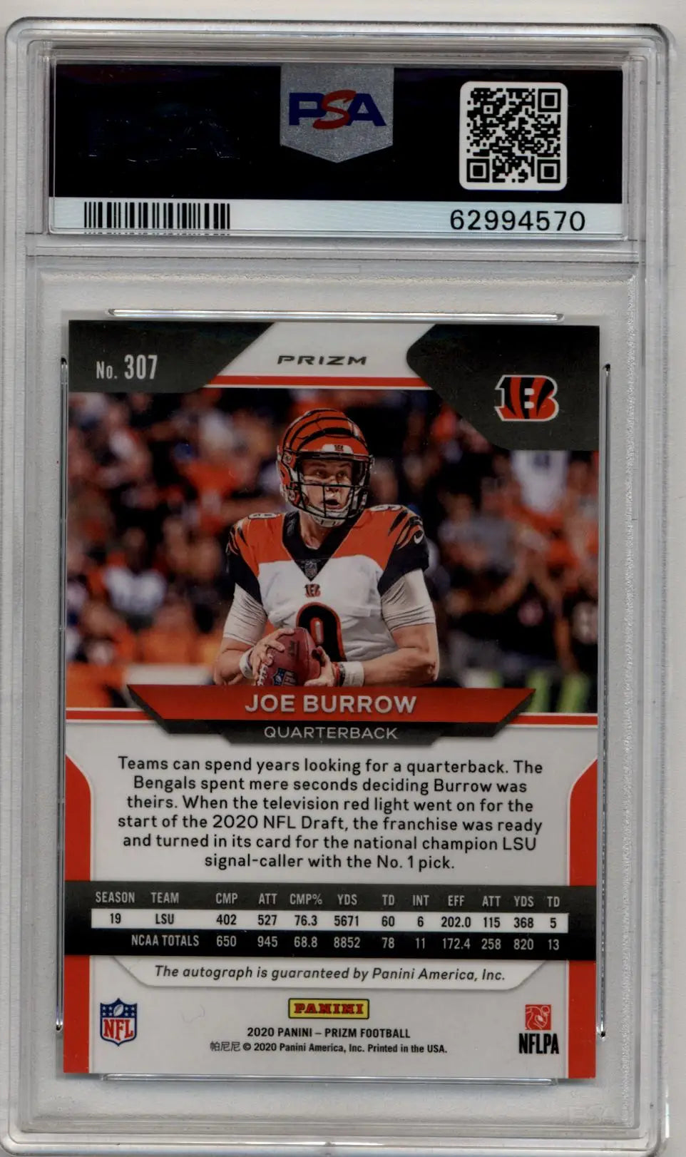 2020 Panini Prizm Joe Burrow Rookie Auto card, serial number 62994570, PSA 10