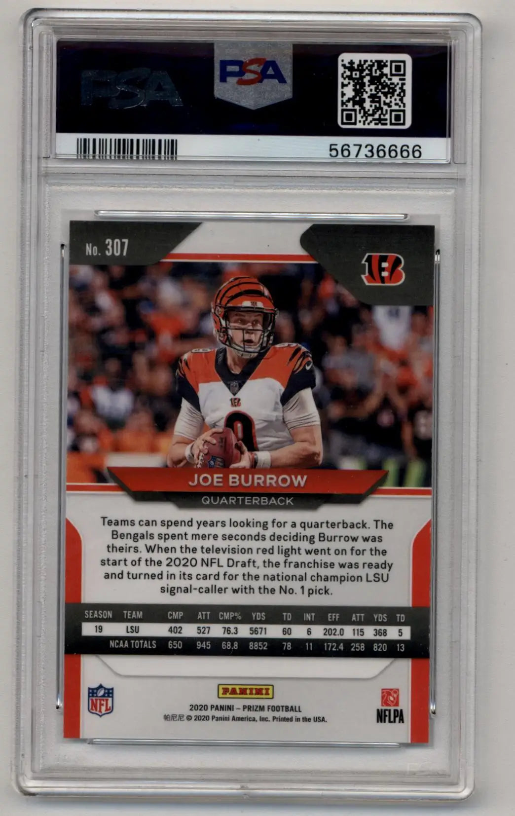 PSA-graded Joe Burrow 2020 Prizm Rookie #307 Gem Mint NFL trading card in uniform