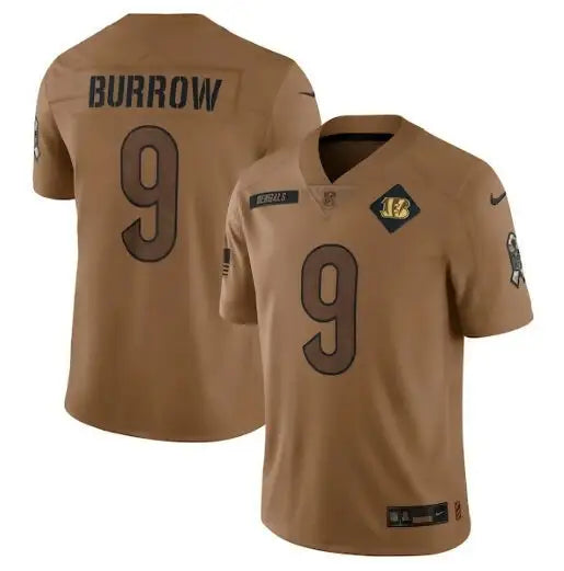 Brown Joe Burrow Cincinnati Bengals Nike 2023 Salute To Service jersey with number 9