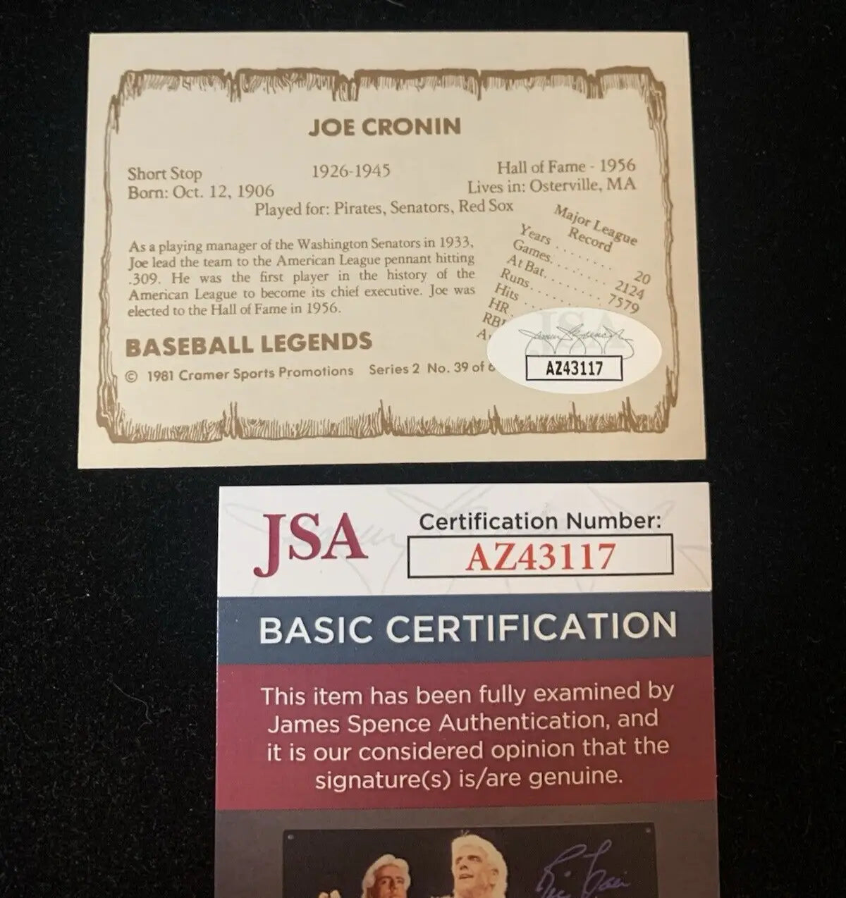 Joe Cronin 1981 Cramer Baseball Legends trading card with JSA certification, Red Sox HOF