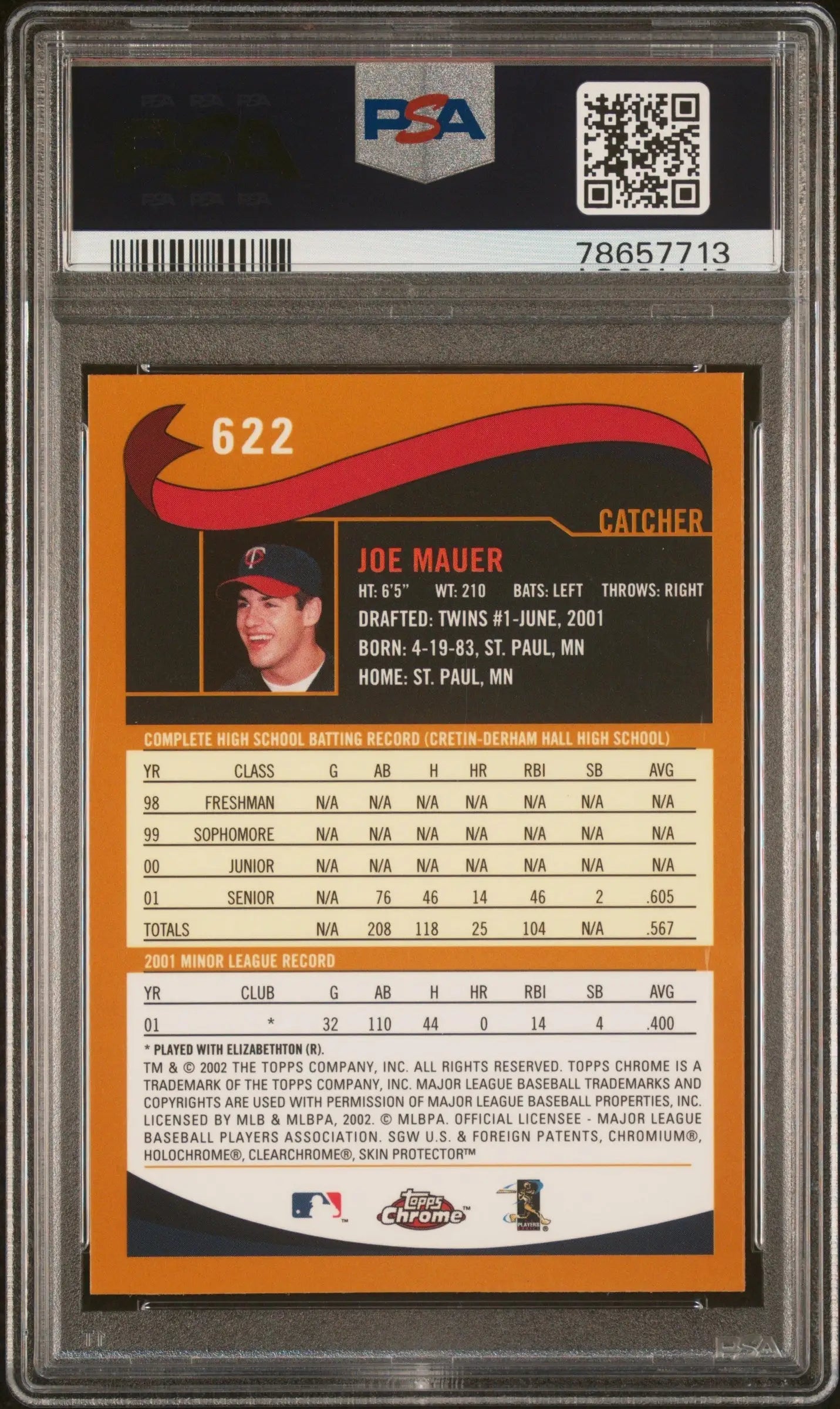 Back view of Joe Mauer 2002 Topps Chrome Autographed Rookie card with stats