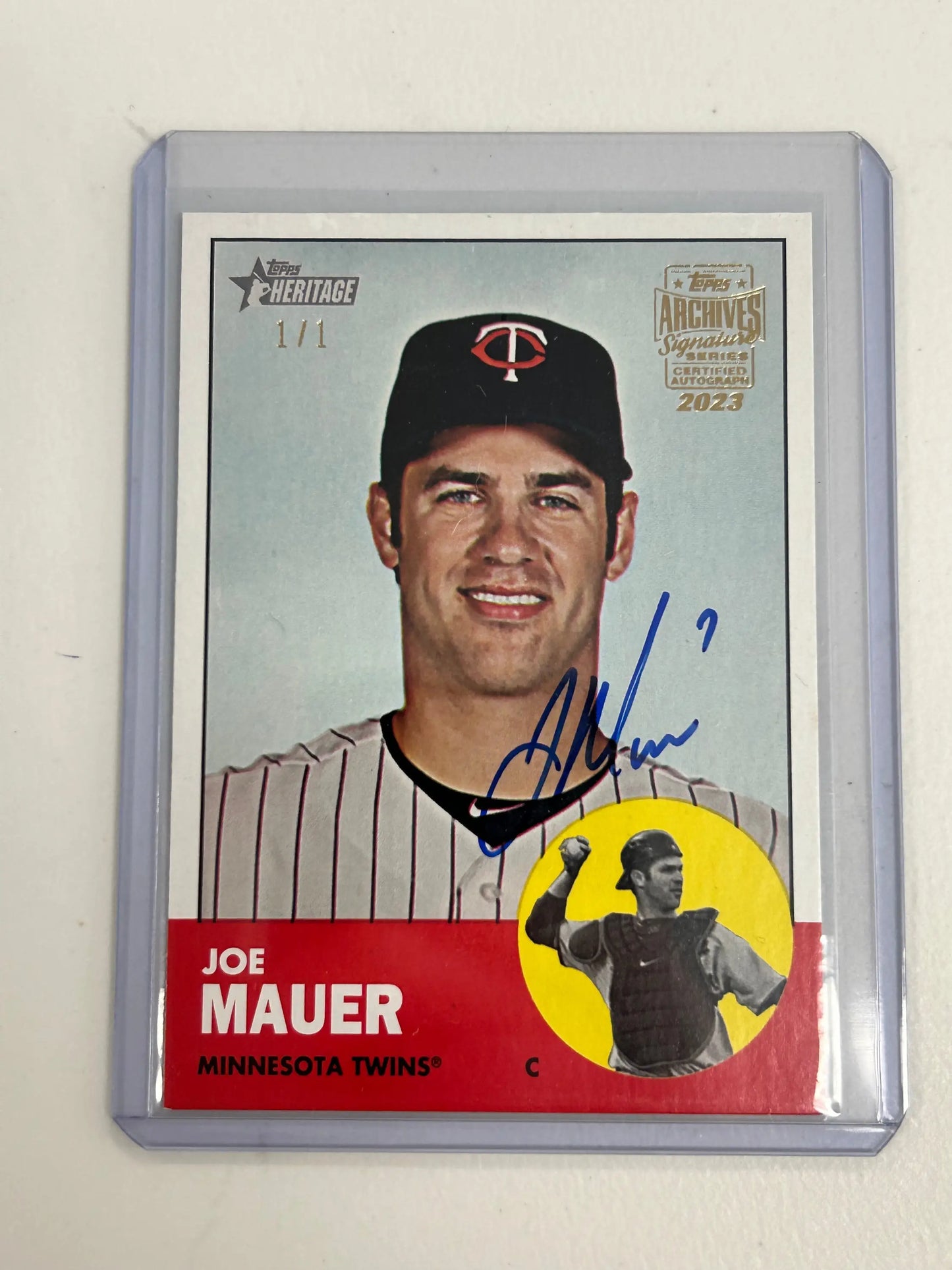 Signed Joe Mauer baseball card from Topps Archives Signature Series 2023