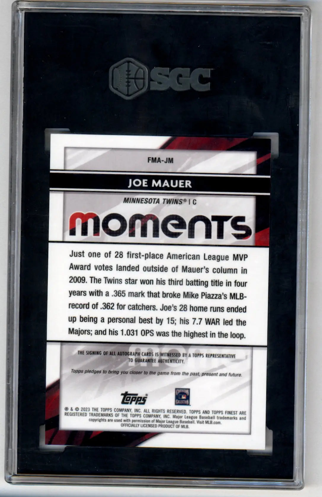 Baseball trading card in protective case for Joe Mauer Topps Finest Moments Auto SGC 10