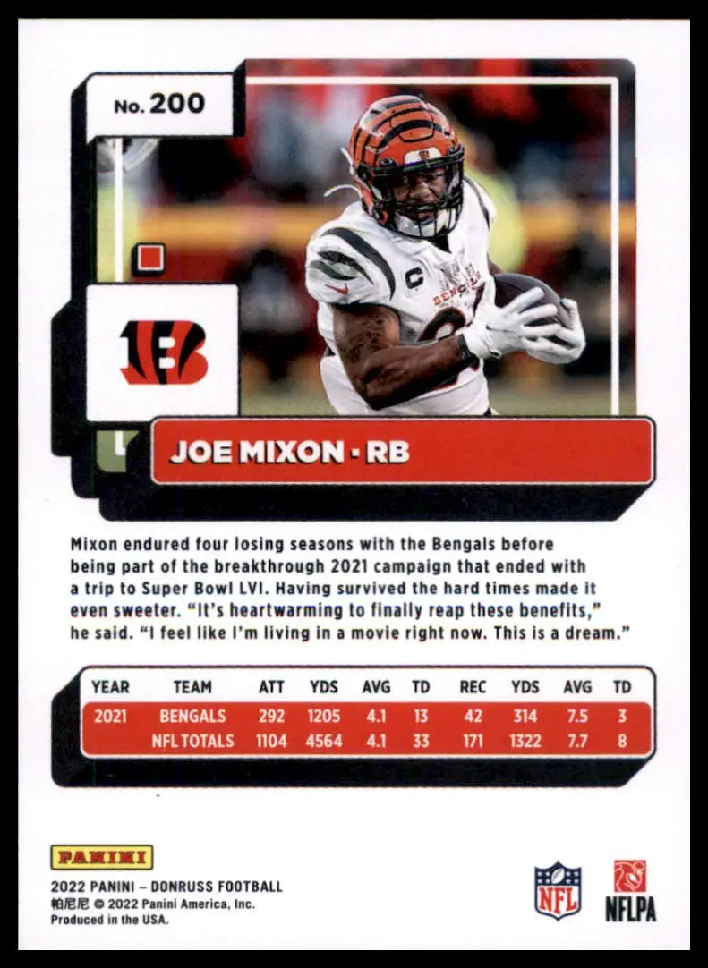 Joe Mixon football card from 2022 Donruss Cincinnati Bengals collection