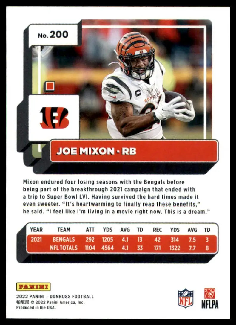 Joe Mixon football card from 2022 Donruss Cincinnati Bengals collectible