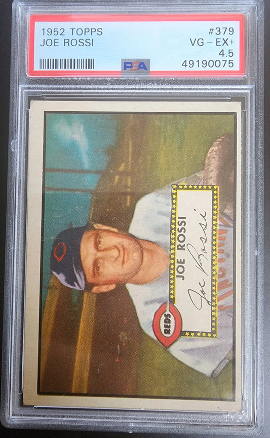 PSA graded 1952 Topps Joe Rossi #379 baseball card in protective case for collectors