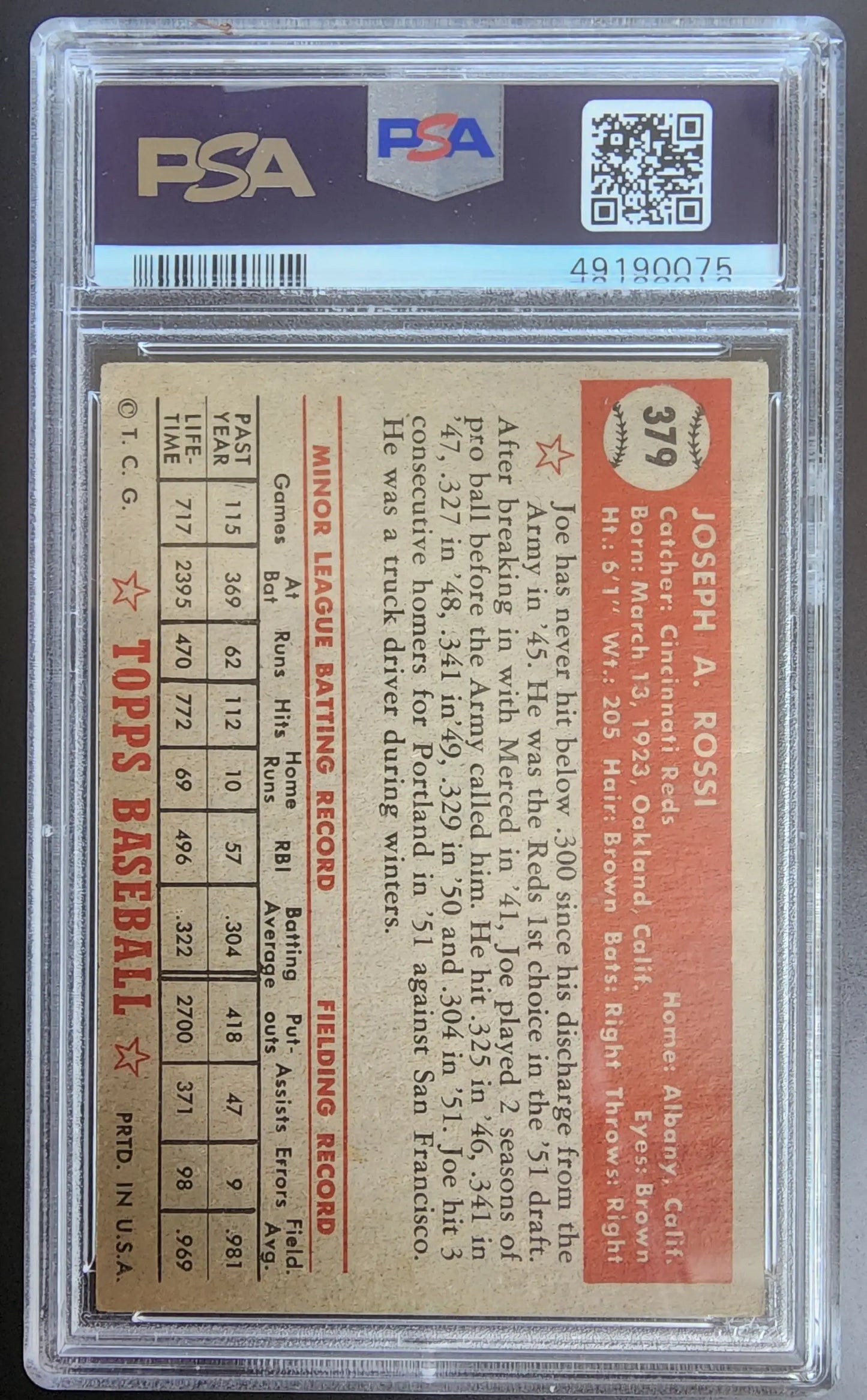 PSA-graded Joe Rossi 1952 Topps #379 baseball card on a reddish background