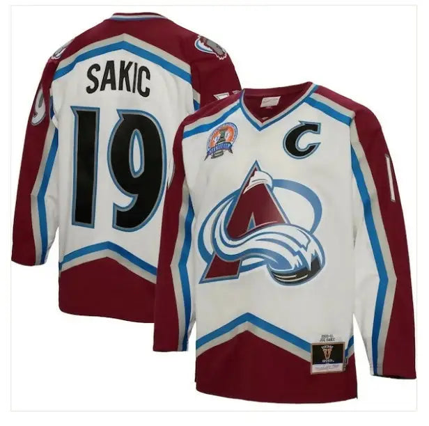 Colorado Avalanche Joe Sakic blue line player jersey with captain patch and white design