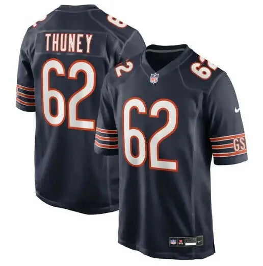Navy blue Joe Thuney Chicago Bears Nike football game jersey on display