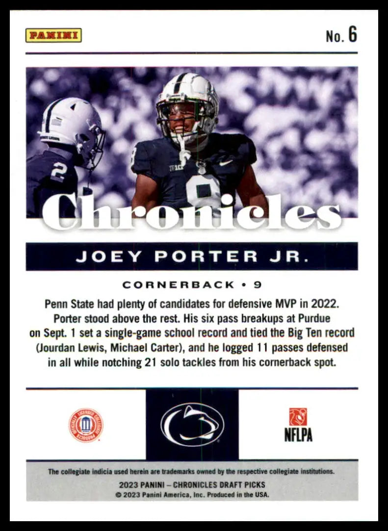 Joey Porter Jr football card from Panini Chronicles Draft Picks 2023 Penn State Nittany Lions