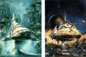 Futuristic spacecraft design in John Berkey Science Fiction Ultraworks trading cards