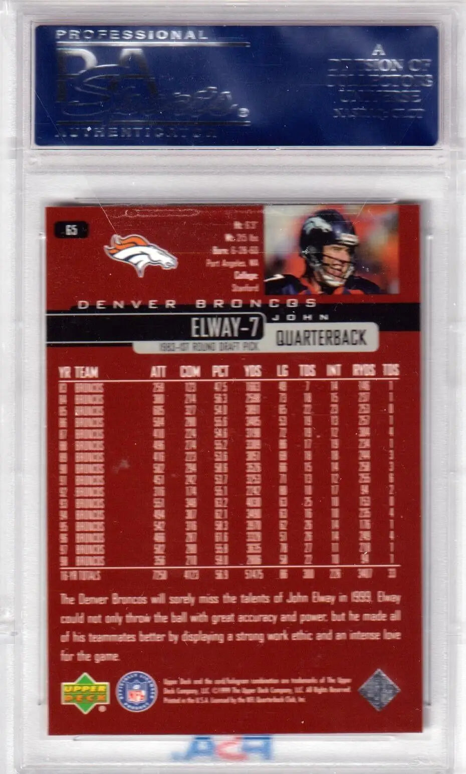 John Elway football card from Upper Deck 1999, graded PSA 10 GEM MINT