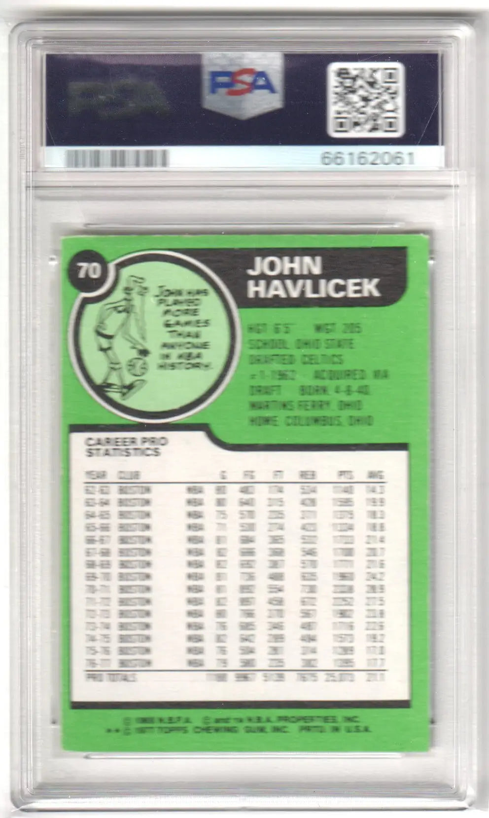 Graded John Havlicek basketball card from 1977-78 Topps PSA 6 EX-MT Columbia Hobby