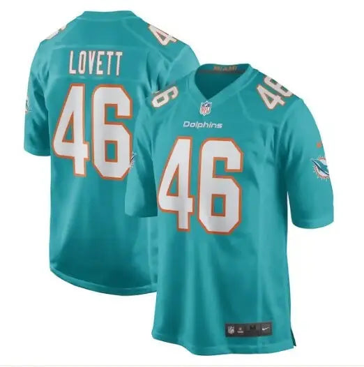 Aqua blue John Lovett Miami Dolphins Nike Game Player Jersey with white numbers and lettering