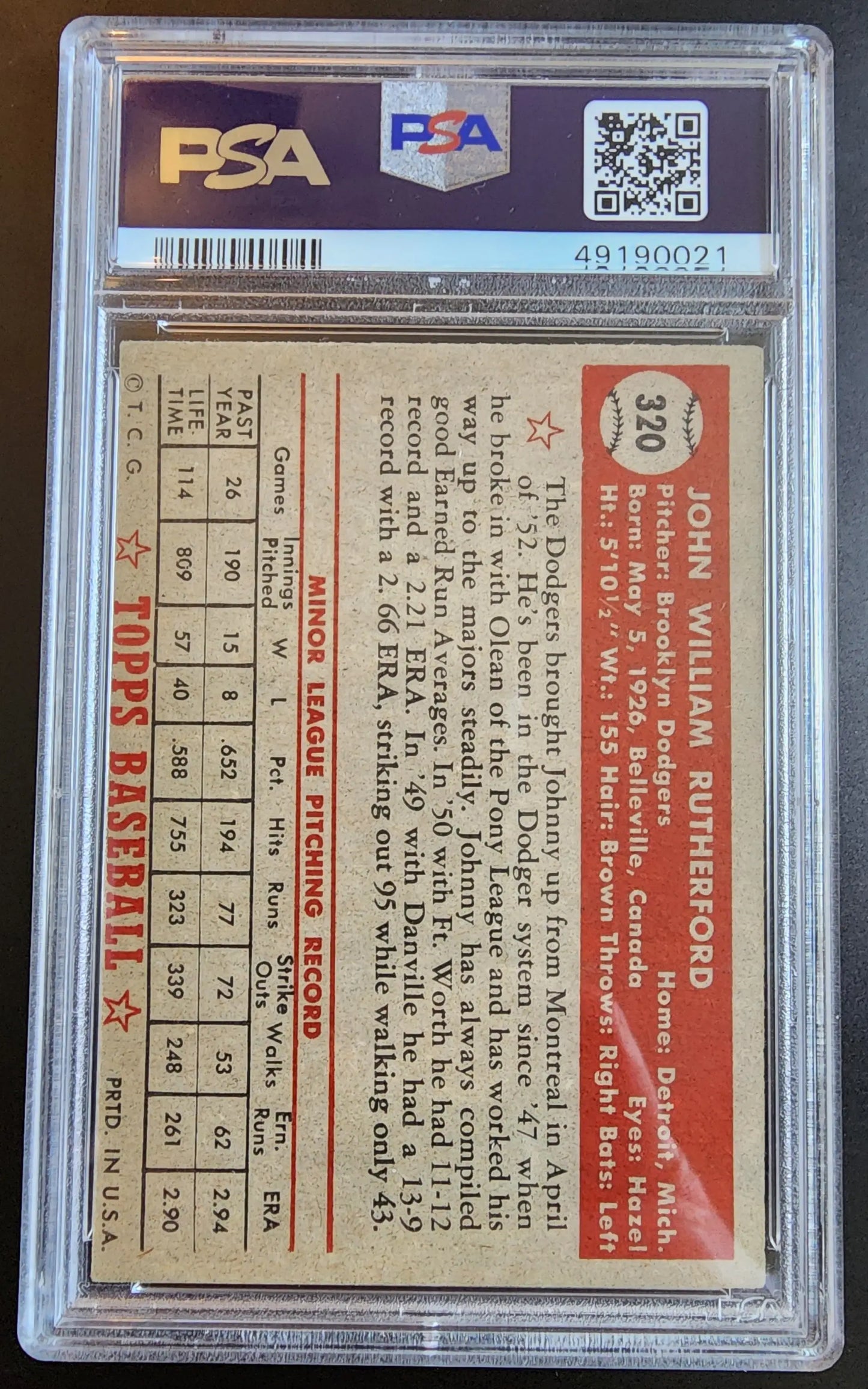 PSA-graded John Rutherford 1952 Topps #320 baseball card reverse side with stats