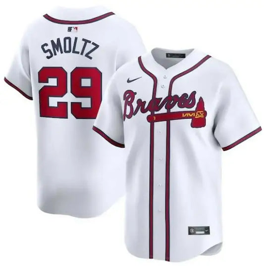 White Atlanta Braves John Smoltz Nike Home Limited Player Jersey displayed on a product page