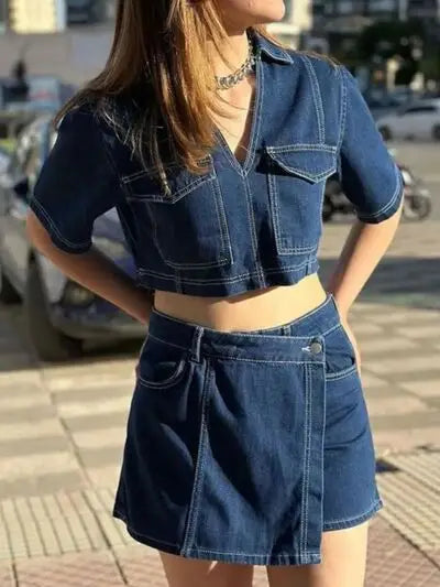 Dark wash denim crop top and skort set with white contrast stitching from Johnny Collar Set