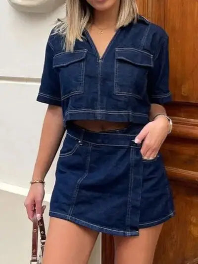 Dark wash denim crop top and skort set with white contrast stitching from Johnny Collar set