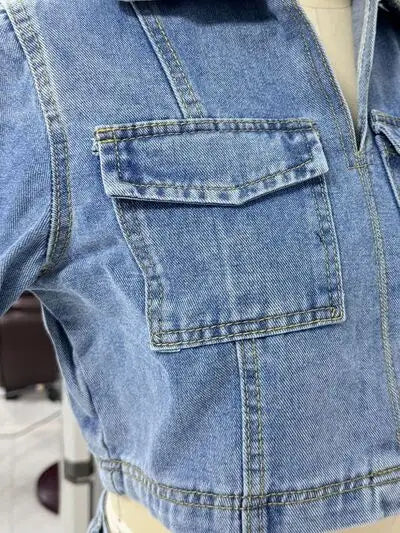 Light blue denim jacket with flap pockets and contrasting stitching from Johnny Collar Set