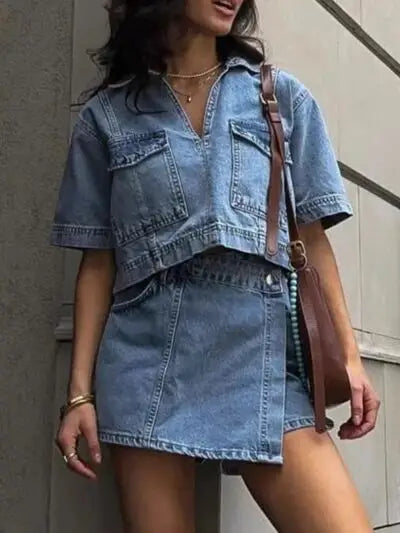 Light wash denim short-sleeved collared crop top with matching mini skirt from Johnny Collar Set