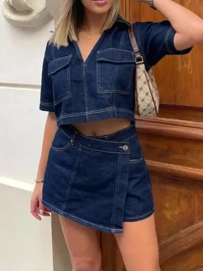Woman wearing Johnny Collar Short Sleeve Top and Skort Denim Set with V-neck crop top