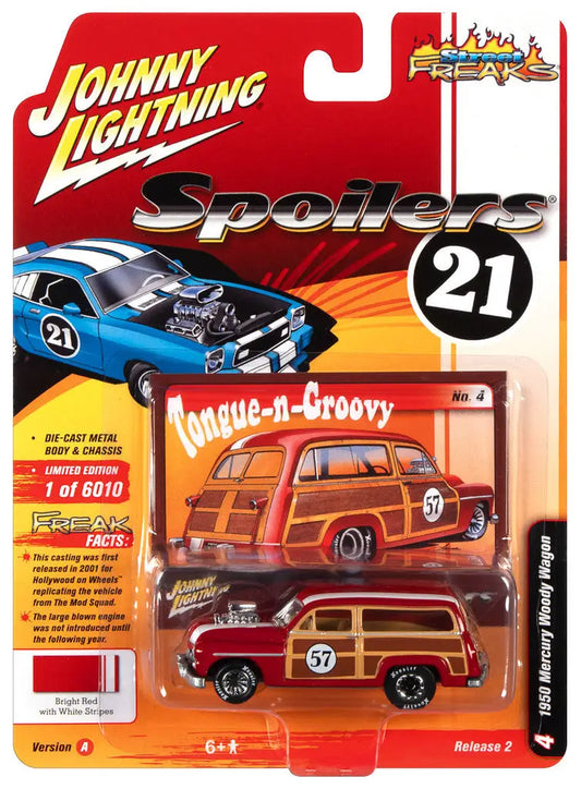 Toy car packaging of Johnny Lightning Street Freaks Ver featuring a Mercury Woody Wagon Red