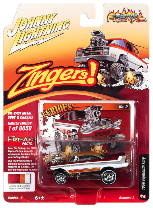 Toy car packaging of Johnny Lightning Street Freaks Ver featuring a mini hot rod with supercharger
